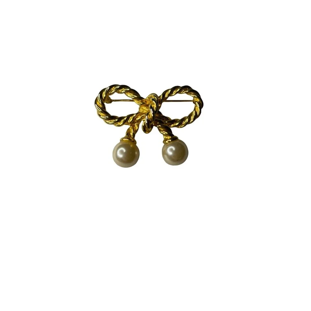 Vintage Gold Tone Twisted Nautical Rope Love Knot Bow with Faux Pearls‎